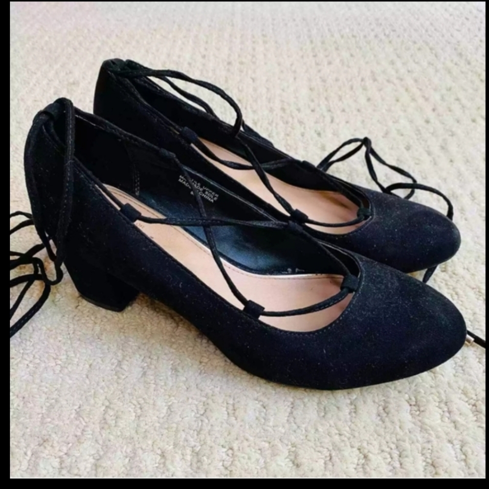 Loft Ann Taylor Dressy Black Faux Suede Pumps W/ Ankle Lace up 6.5M